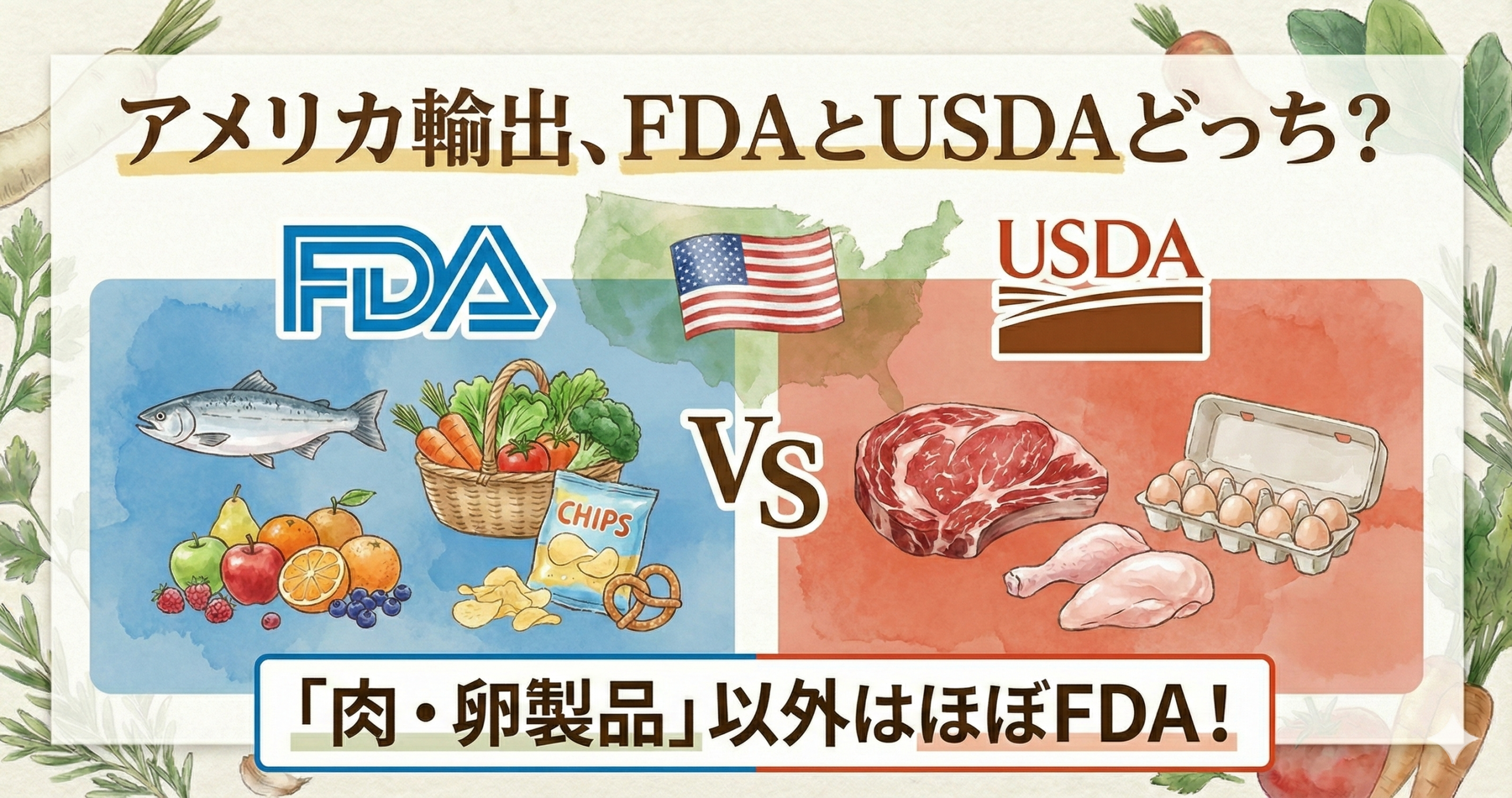 アメリカ食品輸出におけるFDAとUSDAの管轄の違いを解説する記事のアイキャッチ。肉・卵製品以外はほぼFDA管轄であることを視覚的に訴求。