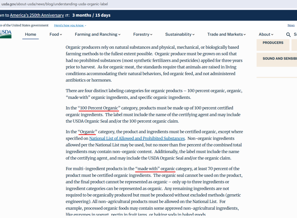 USDA公式サイトによるオーガニックラベルの4段階区分（100%有機、有機、70%以上、それ未満）の解説セクション