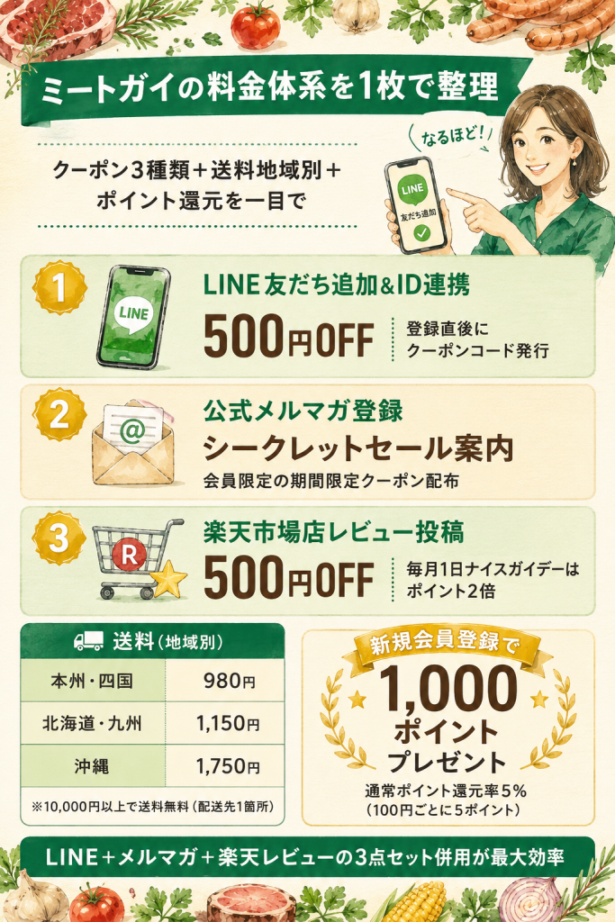 ミートガイのクーポン3種類・送料地域別・新規会員1,000ポイントを1枚で整理